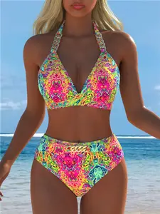 Bikini Swimsuit Set, V-Neck Shoulder Chain Decoration, Back Tie Design, Beach Fashion Quick-Dry High-Quality Swimwear, Tropical Print Swimsuit