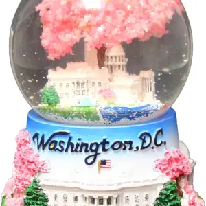 4.5" Medium Washington DC Glitter Snow Globe Cherry Blossom Resin with White House & Pink Tree Design