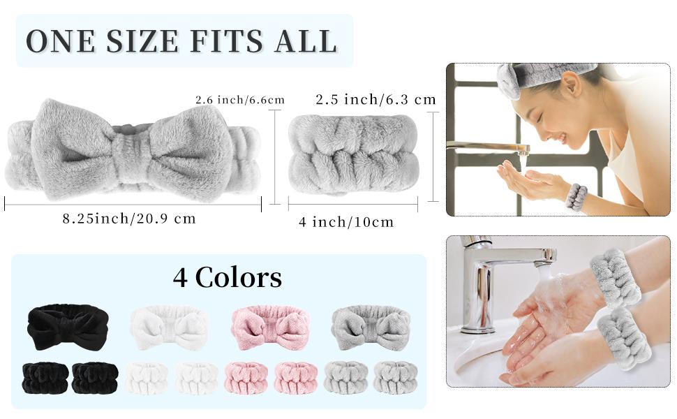 12 PCS Face Wash Headband Wristband Sets for Women and Girls | Soft Microfiber Spa Hair Wraps, Makeup Skincare Bath Headbands, Wrist Bands for Washing Face, White, Pink, Gray, Black