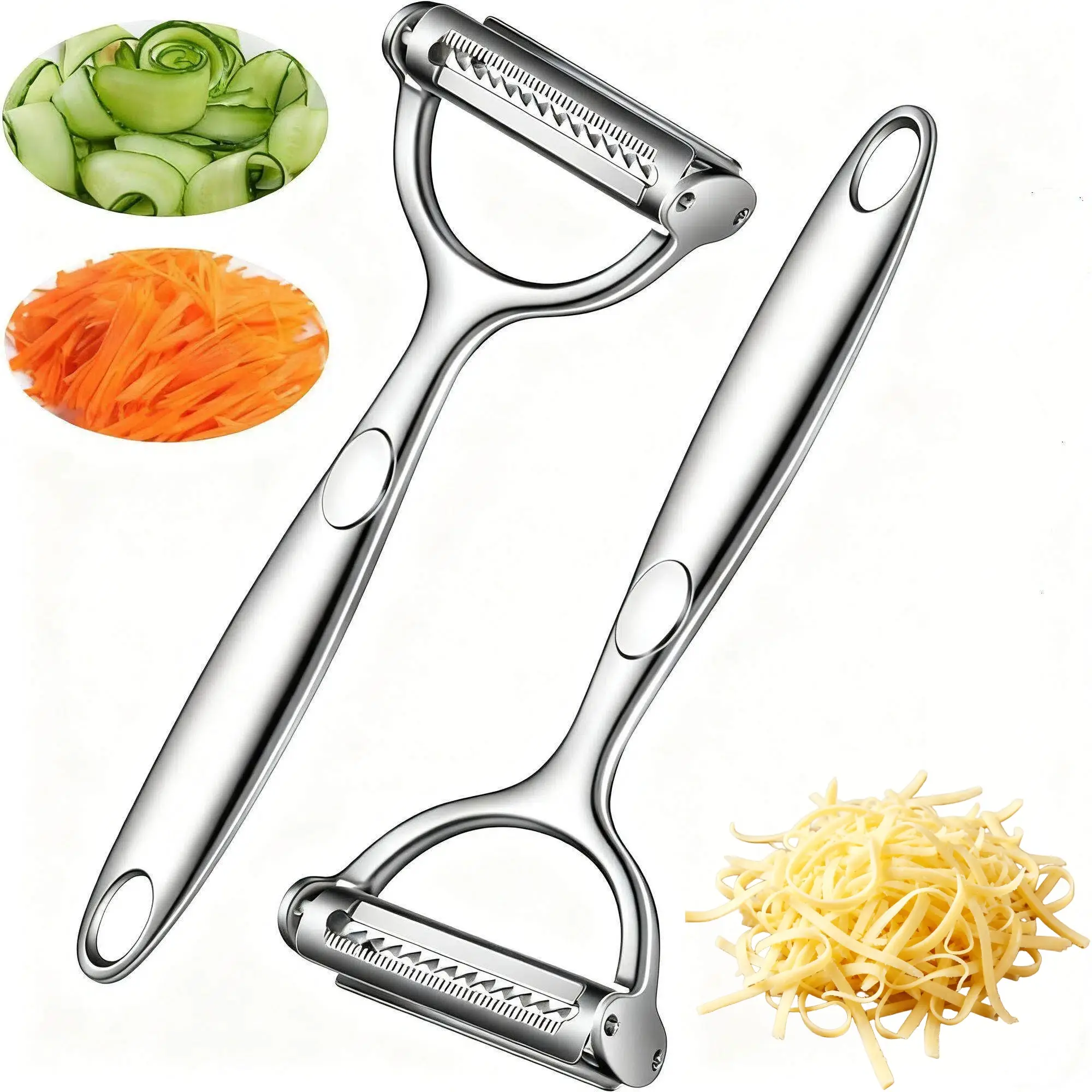 2-Pack Stainless Steel Rotary Cheese Grater Set - Smooth Grating, Non-Slip Handle, Peeler, Vegetable Slicer, Dicer, Carrots Cutter - Kitchen Utensils & Gadgets