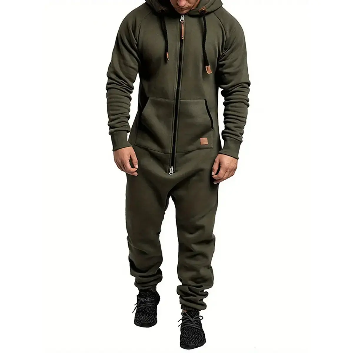 Men's Fleece-Lined Jumpsuit, Casual Solid Hooded Romper with Longsleeves, Full-Zip Closure and Kangaroo Pocket, Polyester, Plain, Knitting, Below The Ankle, Hoodie/Jumper