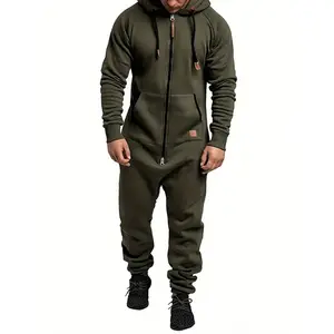 Men's hooded fleece lined jumpsuit, long sleeved full zip jumpsuit with kangaroo bag Army Green Overalls Menswear Casual Rompers Formal Sweat Rompers Formal Sweat