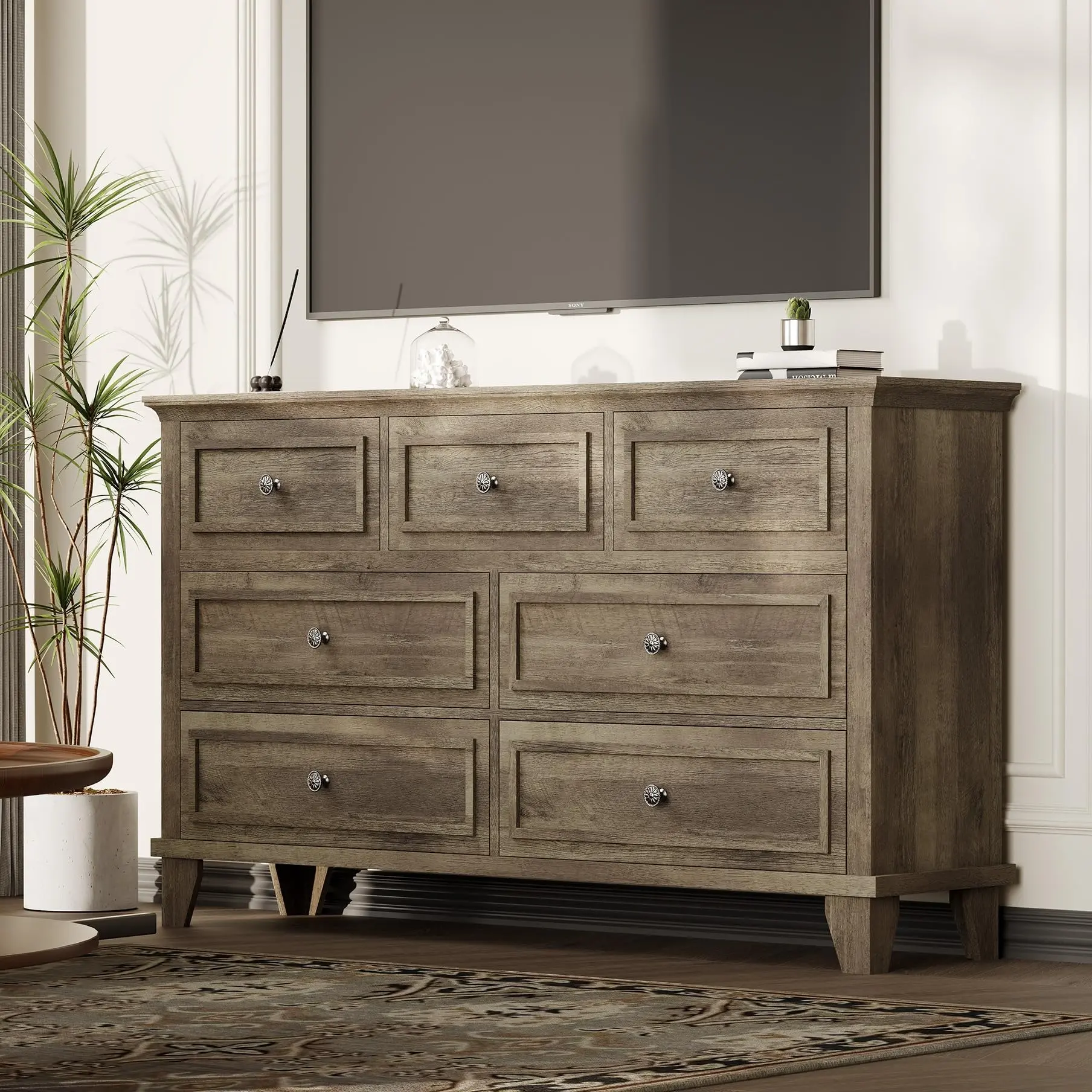 Garvee 7 Drawer Dresser - Large Wooden Storage Chest with Exquisite Metal Handles, 47" Wide, Stylish Organizer for Bedroom, Living Room, Hallway, Entryway in Grey