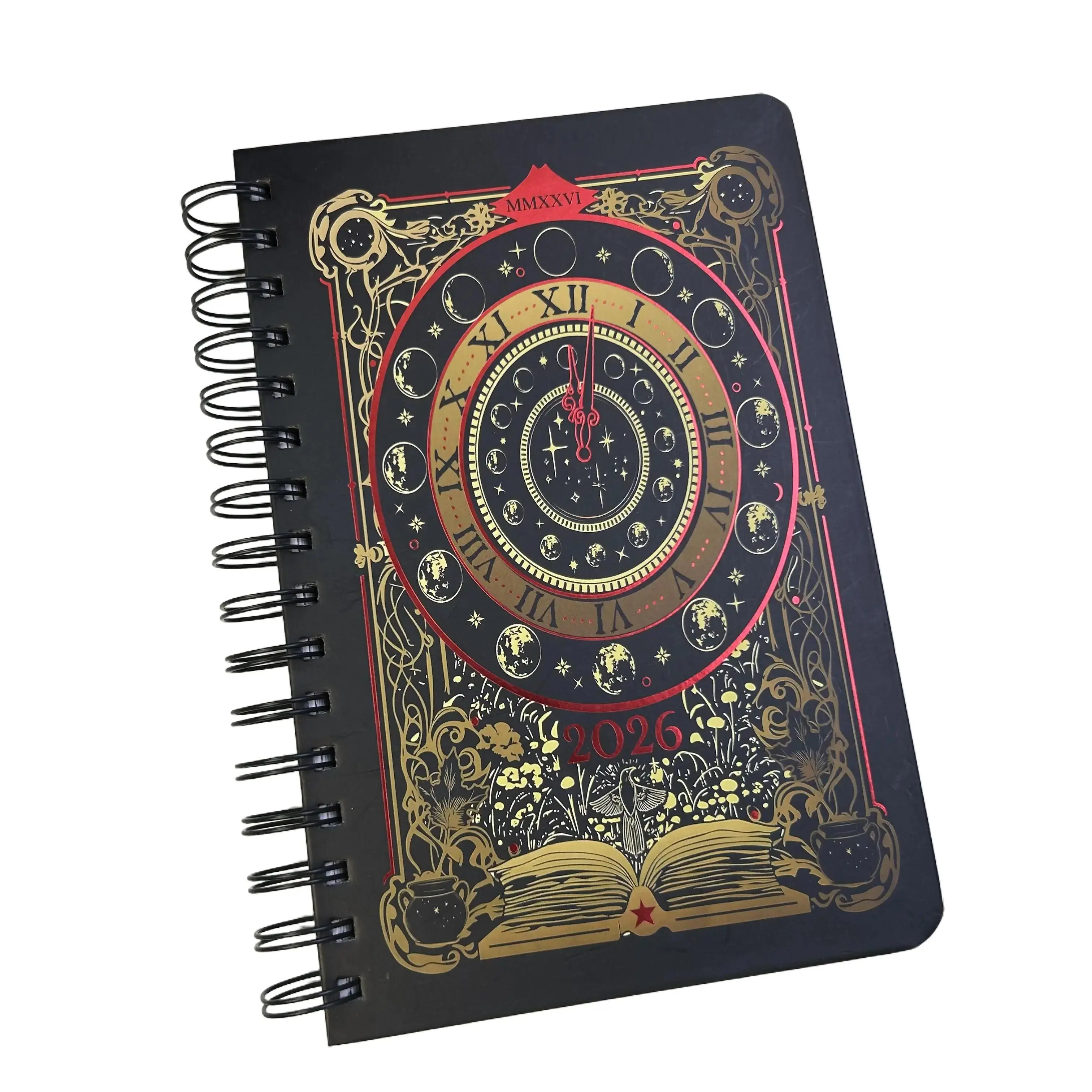 Retro Black & Gold Astrology Clock, 2026 Coil Planner Notebook, Moon Phase Tarot, Gothic Hardcover Planner Journal