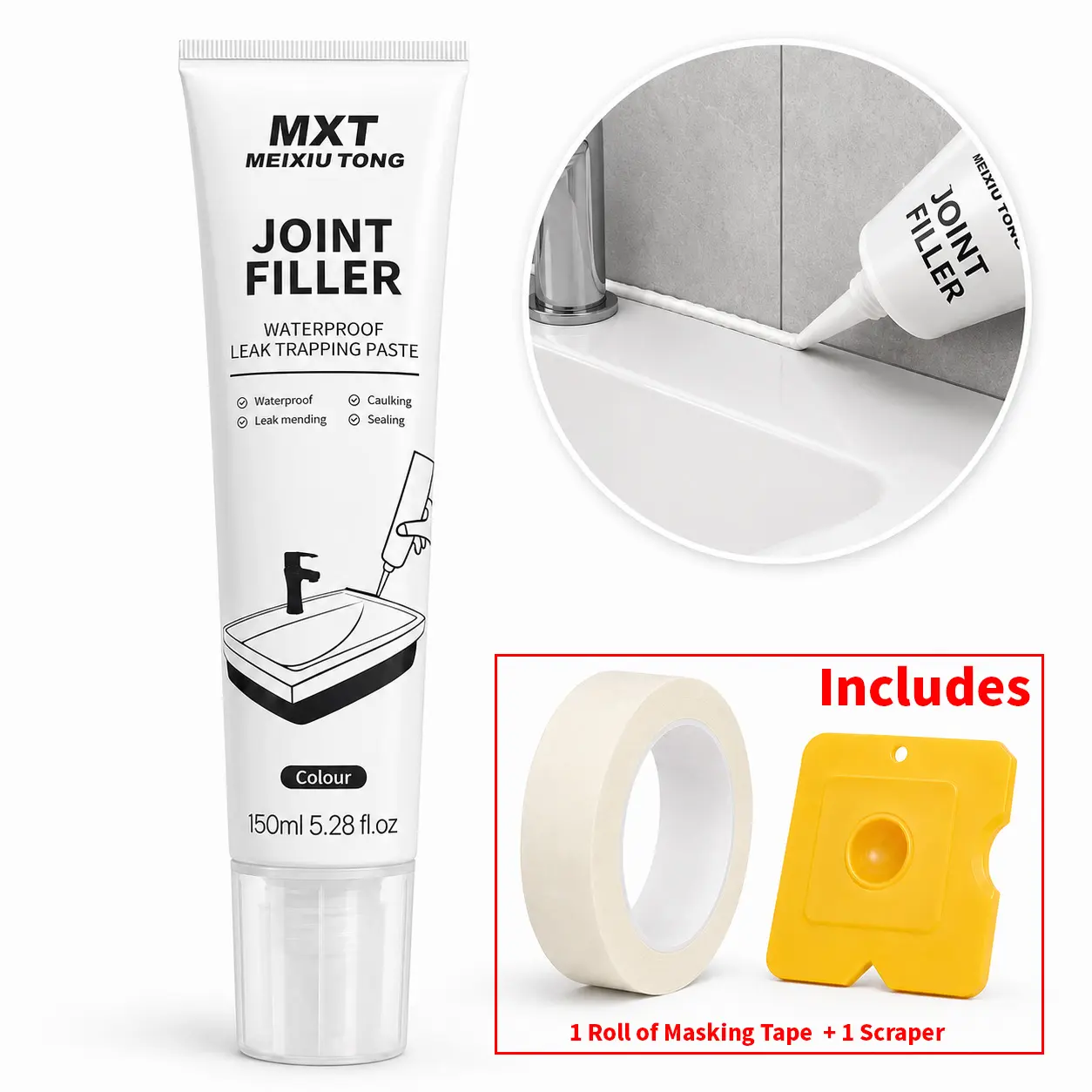 Waterproof Caulking Sealant for Kitchen & Bathroom, White 150mL Tube, 1 Pack with 1 Roll of Masking Tape & 1 Scraper Included – Gap Repair for Sinks, Bathtubs,home decor