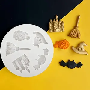 Silicone Mold for Mini Castle Witch Hats And Brooms, Craft Making Mold for Fondant Cake Decoration, Kitchen Utensils, Baking Tools, Cupcake Toppers, Reusable Molds for Wedding And Birthday Party Decorations. for Halloween