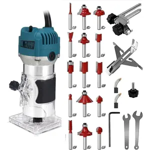 110V Router Tool, 800W Wood Trim Router, 30000RPM Electric Hand Trimmer, Palm Router with 15x 1/4" Router Bits & 2x Trim Guides for Woodworking Tools, Adjustable Base Height w/Scale