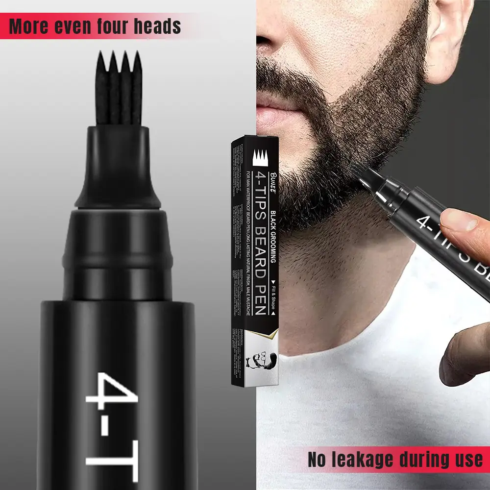 Men's Beard Filler Pen - Waterproof & Sweat Resistant, 4-Prong Precision Tip for Patchy/Thin Beards & Gray Coverage, Natural Looking Makeup Blend Matte Vegan Fragrance Brush Cosmetic