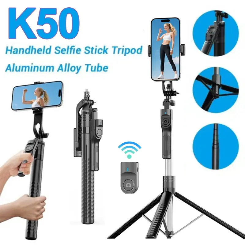 K50 Adjustable Phone Selfie Tripod Monopod, 74.8 Inch Extendable, 360 Rotatable, Bluetooth-compatible Remote Control, Portable, Foldable, Live Streaming Compatible