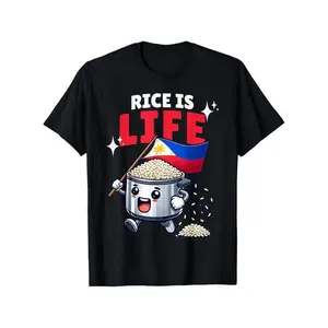 Graphic Tees "Rice is Life" Filipino-Inspired Cotton T-Shirt - Black with Playful Rice Cooker & Philippine Flag Graphic, Soft Breathable Fabric Menswear Top