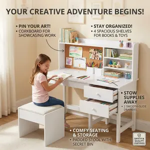 Garvee Kids Desk And Chair Set Wooden Study Table With Adjustable Tilting Desktop Drawers And Cork Board For Boys Girls Ages 3-8 White