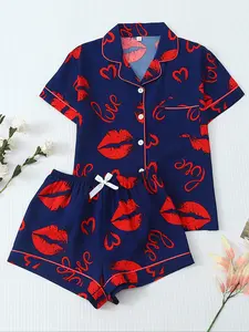 Women's Valentine's Day Sleepwear Set Pajamas, Heart Lips Print Sweet Lapel Short Sleeve Top with Pocket and Bow Shorts, Casual Homeewear