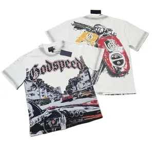 Men's Short-Sleeve Sports T-Shirt, Godspeed Vintage Race Car Graphic, Oversized Distressed Black Heavyweight Cotton, Streetwear Y2K, 2026 Spring Summer Casual Essential Slim Shape Moisture Wicking