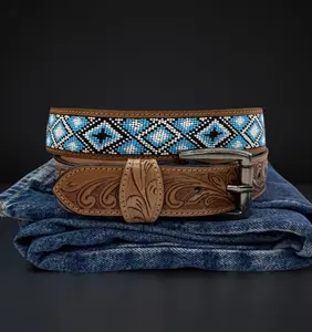 Tooled Western Embossed Leather Belt for Men 100% Genuine Full Grain Cowhide 1.5" Wide Cowboy Buckle Snap-On Rugged Full-Grain Leather Strap