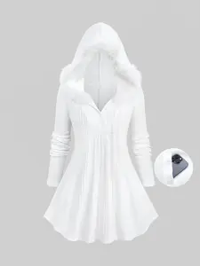 Rosegal Plus Size Solid Color Ribbed Textured Surplice Fleece Trim Hooded Top for Women Casual Daily Wear Regular Fit Full Sleeve Polyester Polyurethane Fabric