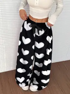 Valentine's Day Limited Edition Couple Matching Heart Print Straight Leg Casual Pants, Fitted Loose Warm Winter Trousers