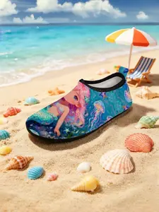 1 Pair Kids' Style Quick-Drying Non-Slip Oil Painting Sea Blue Water Shoes, Breathable & Comfortable, Children's Day Gift, Versatile for Beach Play, Cartoon Oil Painting Style Mermaid Princess Print, Artistic Dreamy Style Beach Shoes