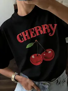 Women's Cherry & Letter Print Round Neck Tee, Casual Short Sleeve Crew Neck T-shirt for Summer, Fashion Women's Top for Daily Wear