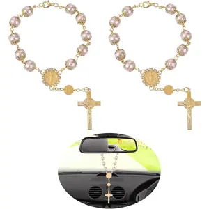 Car Rosary for Rearview Mirror, 2 Pieces Car Mirror Hanging Cross Auto Rosary Rear View Mirror Pendant  for Women Men