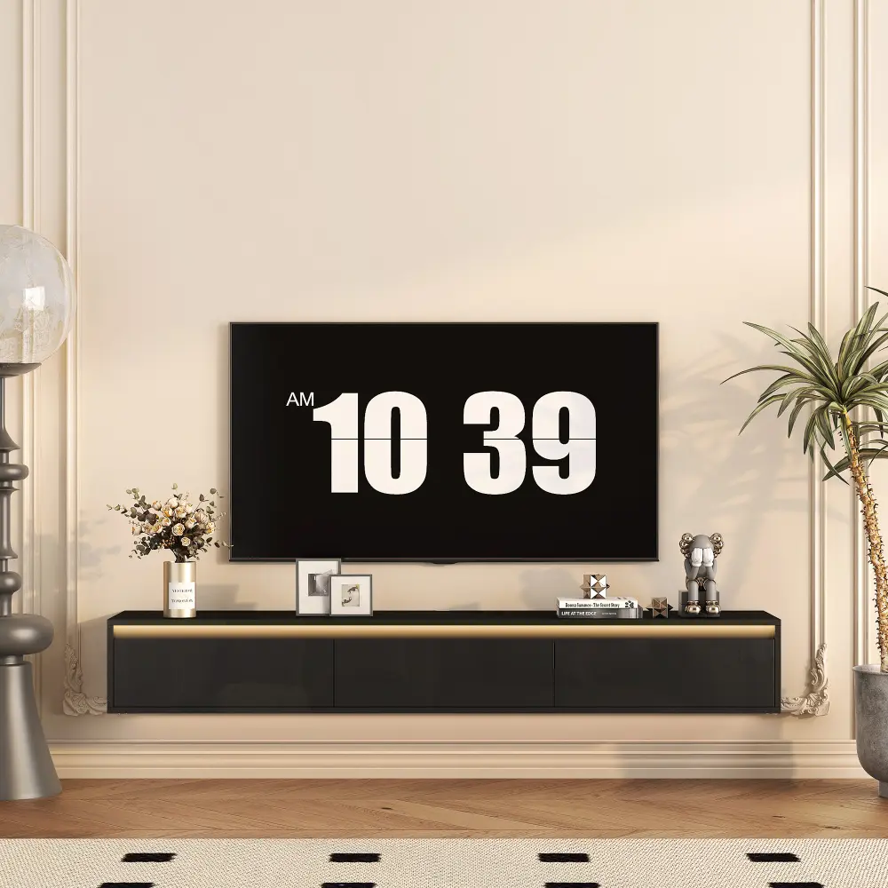 High Gloss 15mm E1 Grade Particleboard Floating TV Console Table - 3mm MDF Wall-Mounted Unit with Storage, LED Lights, 3 Standard Plugs, Power Outlet Charging Station, Adjustable Workmanship, Living Room TV Cabinets & Media Stand Furniture