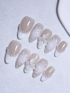 10pcs Almond Shaped Handmade Press-On Nails, White and Nude with 3D Flower and Water Ripple Design, Reusable, Daily Wear