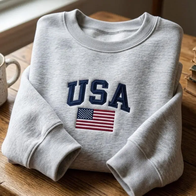 Embroidered USA Flag Sweatshirt – Comfortable Cotton Blend Crewneck