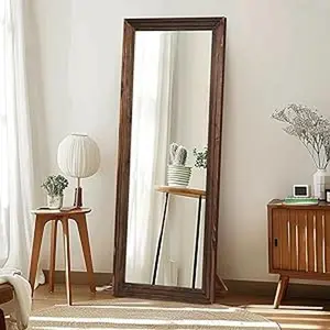 Full Length Mirror 65"x22" with Stand Solid Wood Frame Floor Large Mirror for Living Room, Bedroom Hanging Standing or Leaning Wall-Mounted, Brown