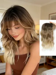 🔥 Gorgeous Clip-In Hair Topper with Fringe! Long Length Wavy Hair, Balayage Brown to Blonde, Fluffy & Undetectable, Perfect for Hair Loss & Winter Hair Makeover! #HairPiece #WavyHair