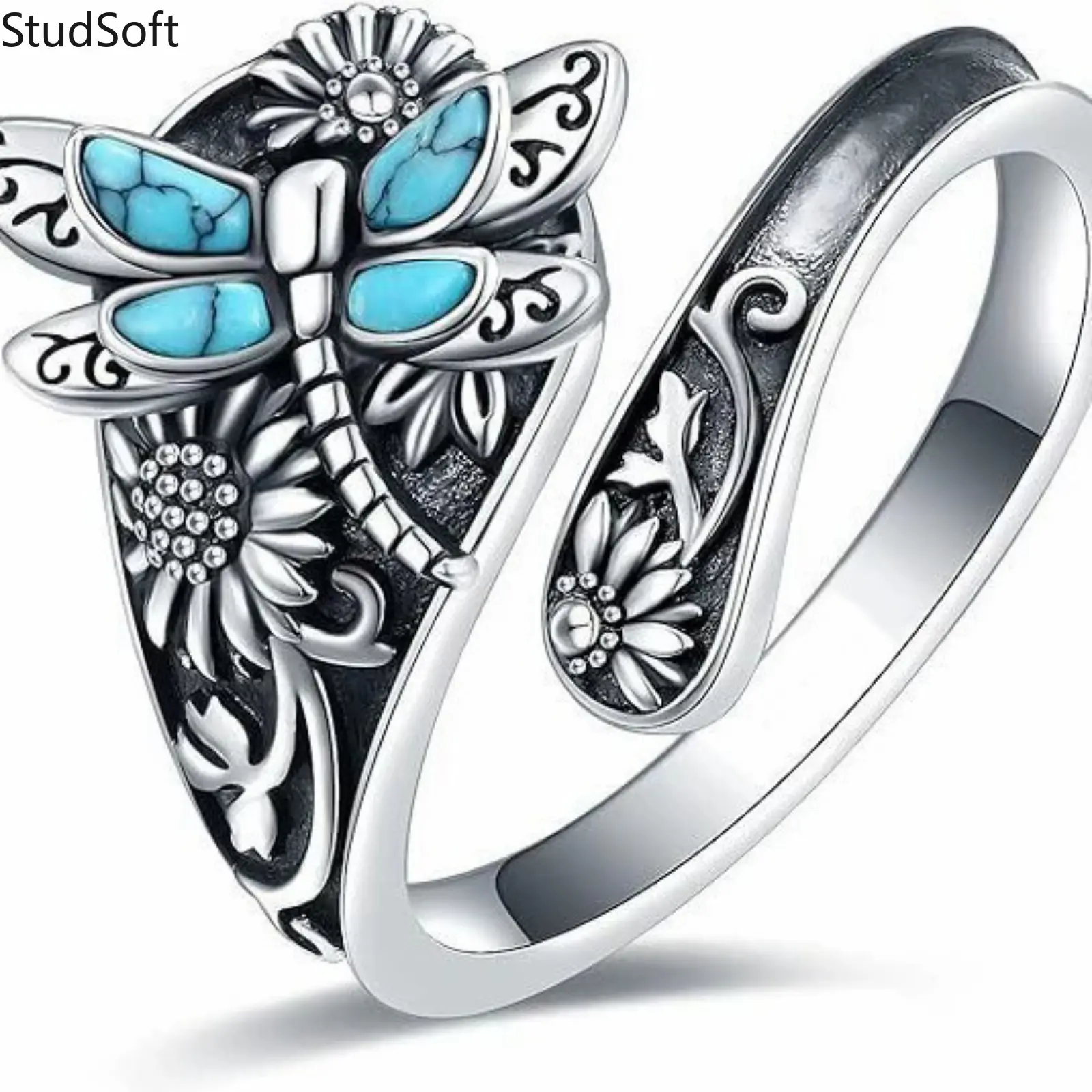 Vintage Boho Dragonfly & Sunflower Wrap Ring for Women, Adjustable Retro Finger Jewelry with Turquoise, Rings
