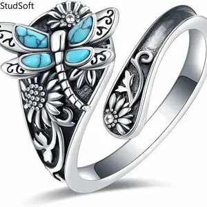 2026 New Vintage Boho Turquoise Dragonfly Sunflower Wrap Ring for Women, Retro Personality Bohemian Finger Jewelry