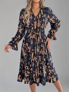 Autumn Winter Long Sleeve V Neck Woven Dress with Waist Tie, Ruffle Hem Boho Casual Midi Dress for Vacation, Stylish and Comfortable Women's Apparel