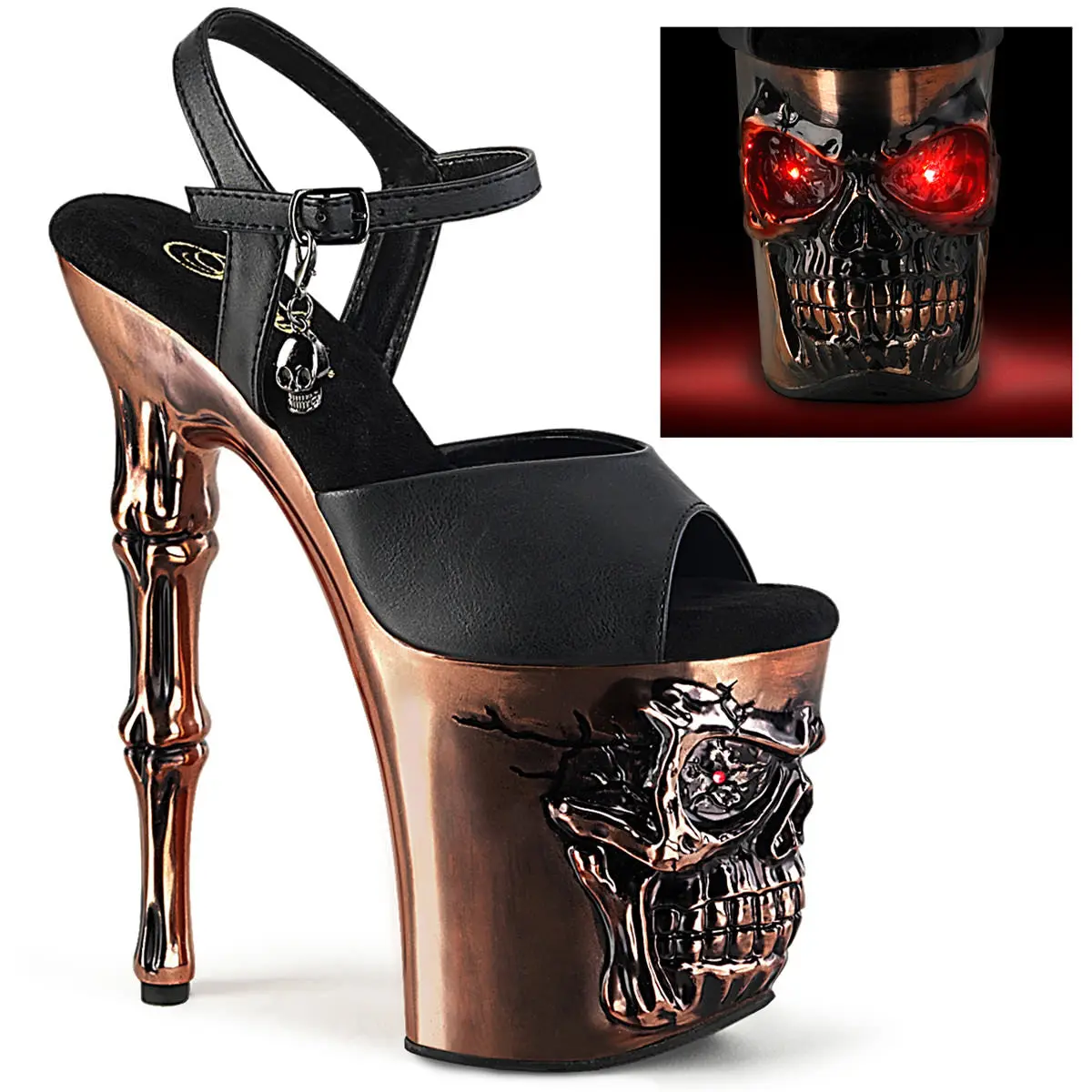 Women's Stylish 8-in High Heel Shoes - RAPTURE-809-LT, Black PU-Copper Satin Skull Heels, High Heels
