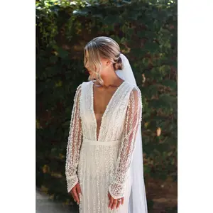 C2023-VLS19b sexy v-neck long sleeve beaded wedding gown