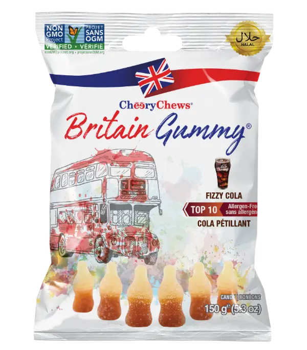 CheeryChews Britain Gummy Fizzy Cola Box of 12 Snack Tangy Sweet Halal Certified Gluten-Free Sugar-Free Top 10 Allergen-Free