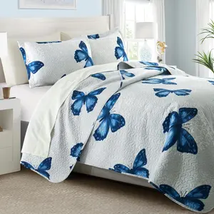 3- Butterfly Printed Quilt Set Soft Microfiber Lightweight Bedspread Coverlet Throw Blanket with 2 Pillow Shams All Season for Adults Teens Girls, Blue, Full/