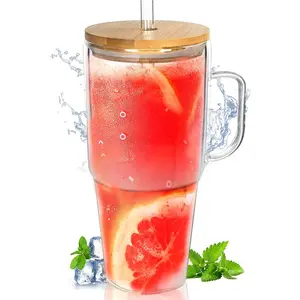 Glass Cup with Straw & Brush & Bamboo Lid, 40oz Large Capacity Ice Coffee Cup, Travel Coffee Mug, Smoothie Cup, Drinking Cup for Home Office