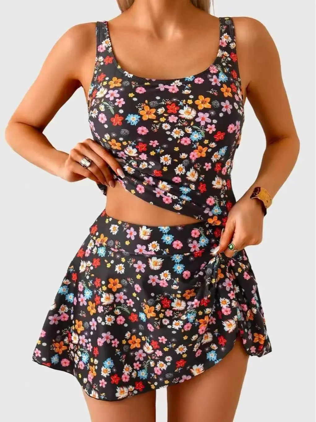 Women's 2-Piece Modest Floral Print Tankini Swimsuits Set, Cute Mesh Top with Skirted Boy Shorts, Quick-Dry Sporty Stretchy Tummy Control Backless Sculpt-Touch Bottom Swimsuits for Women Beach Vacation ,brazilian,halter triangle,halter neck swimwear