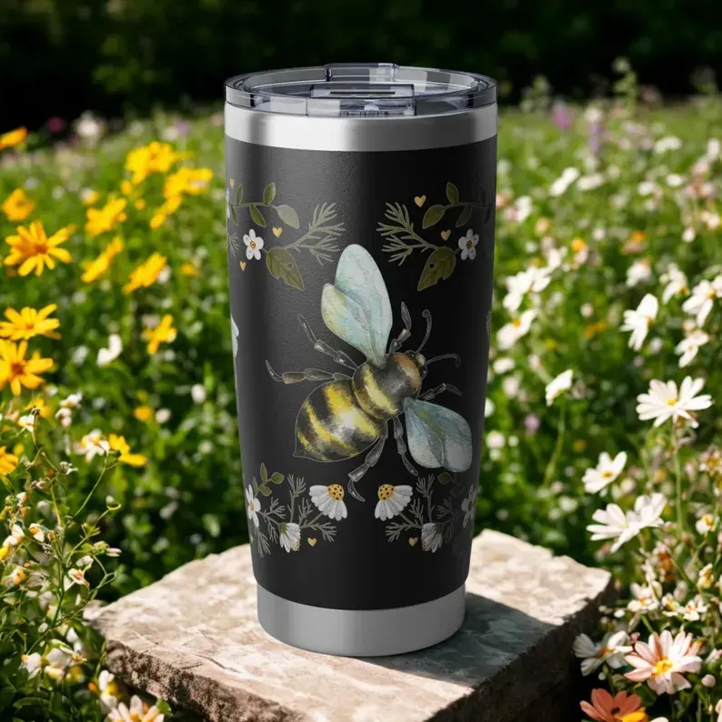 Cute Bumblebee Floral Insulated Tumbler, 20oz Stainless Steel Travel Cup, Floral Bee Pattern, Ideal Gift for Nature Lovers