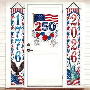 2D Banner Set, Usa 250th Anniversary (1776-2026), Soldier & Liberty Statue Design, Polyester, Indoor/outdoor Patriotic Decoration