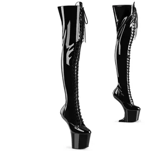 Women's 8-in Heelless CRAZE-3023 Black Patent Platform Footwear, Lace-Up Shoe for Formal & Casual Occasions