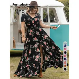 [Plus Size] Floral Print Button Front Ruffle Hem Shirred Split A Line Dress, V Neck Short Sleeve Loose Ruffled Dress, Sundress Maxi Dress, Women's Clothes for Summer