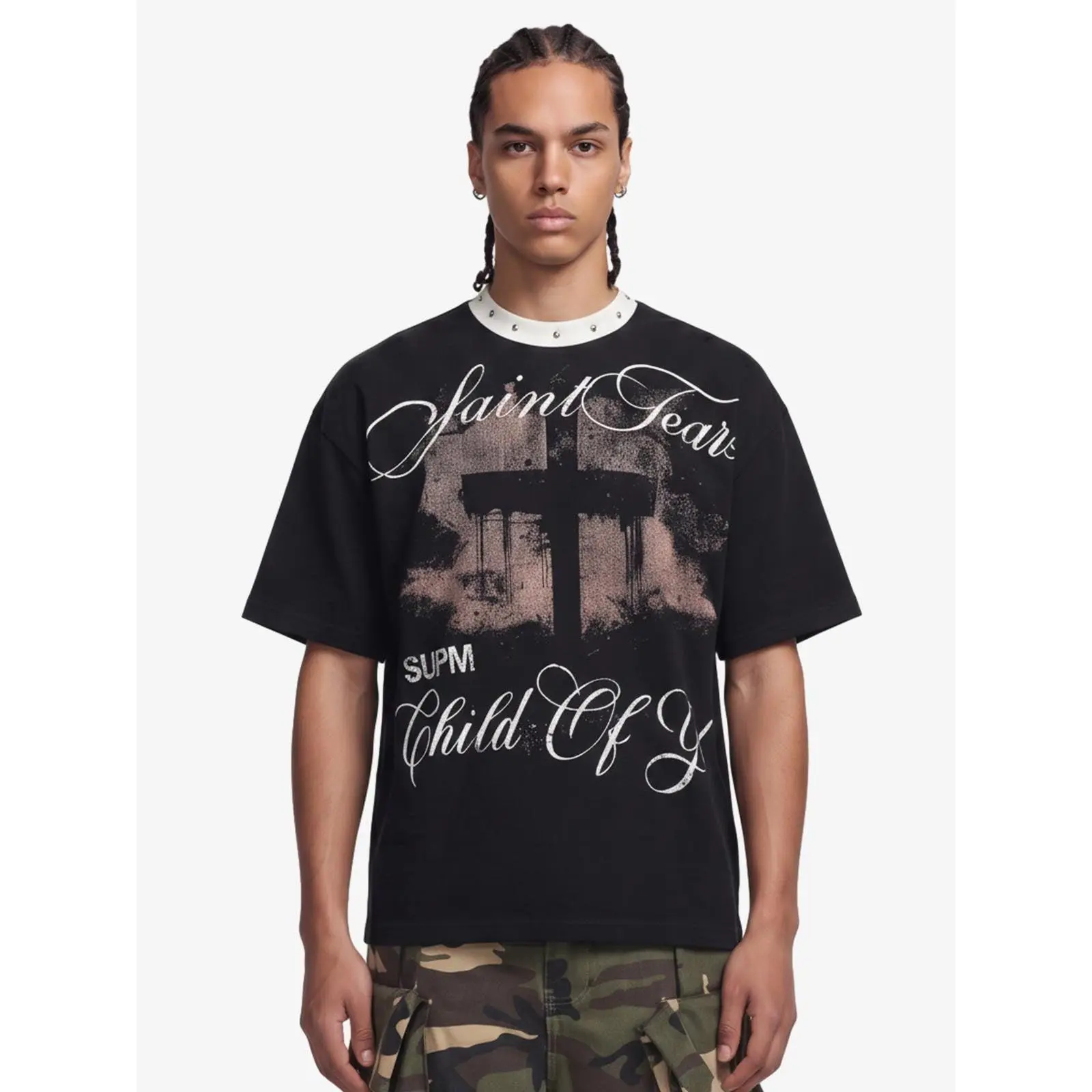 Thesupermade Gothic Cross Print Studded Collar Waffle Knit Graphic T-Shirt