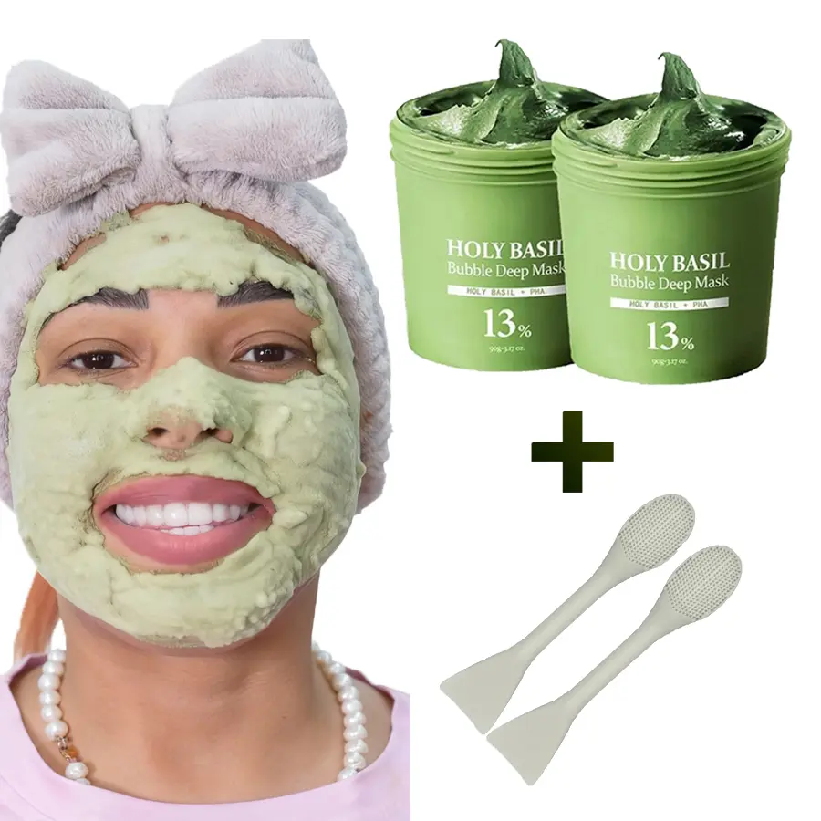 Holy Basil Bubble Deep Mask – Holy Basil & Carbonated Water for Cleansing Pores & Blackheads, Suitable for All Skin Types, Vegan Clay-to-Bubble Wash-Off Mask (90g / 3.17 oz) blackhead korean clay sparkle holy basil mascarillas para la cara Cleanser