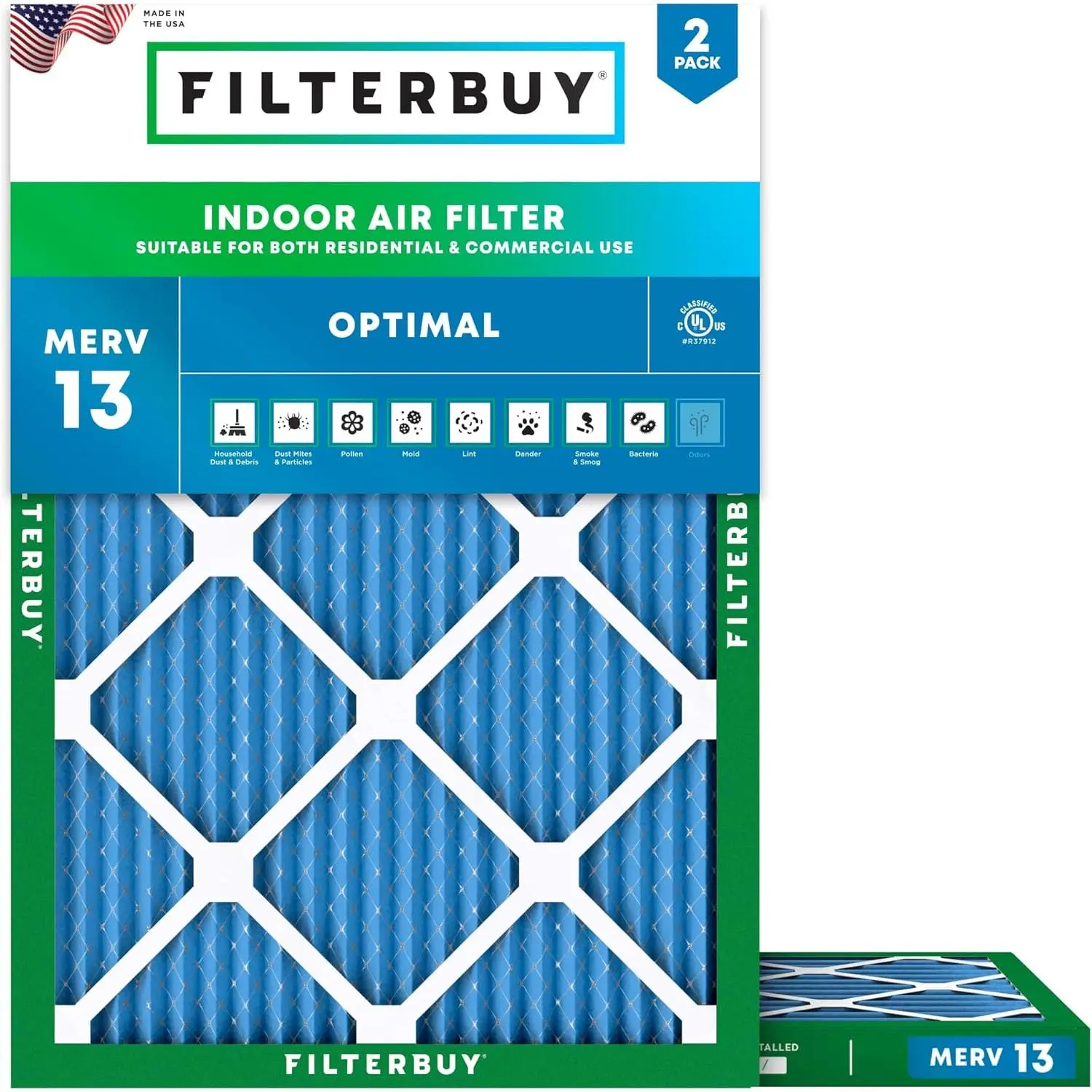 Filterbuy 22x26x1 Air Filter (2-Pack), Pleated MERV 13 Optimal Defense HVAC AC Furnace Air Filters (Actual Size: 21.50 x 25.50 x 1.00 Inches)