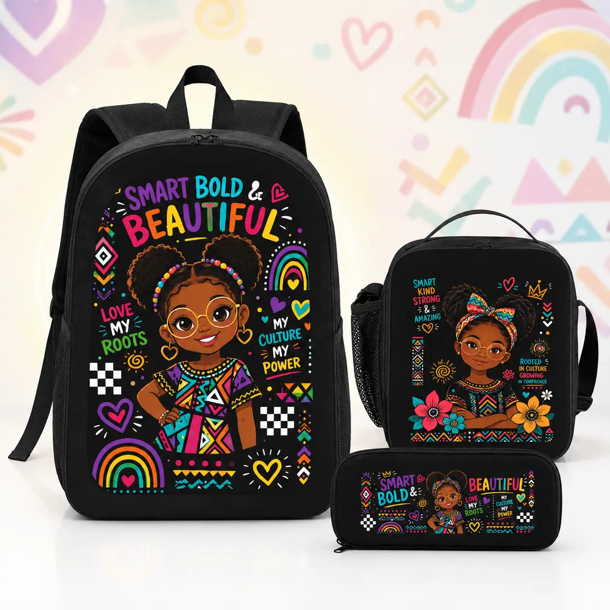 Girls' Vibrant African Print 3-Piece 600D Oxford Fabric Backpack Set - 17in Laptop-Fit School Bookbag, Insulated Lunch Bag, Pencil Case, Adjustable Straps, Back to School Gym Gift for Teens