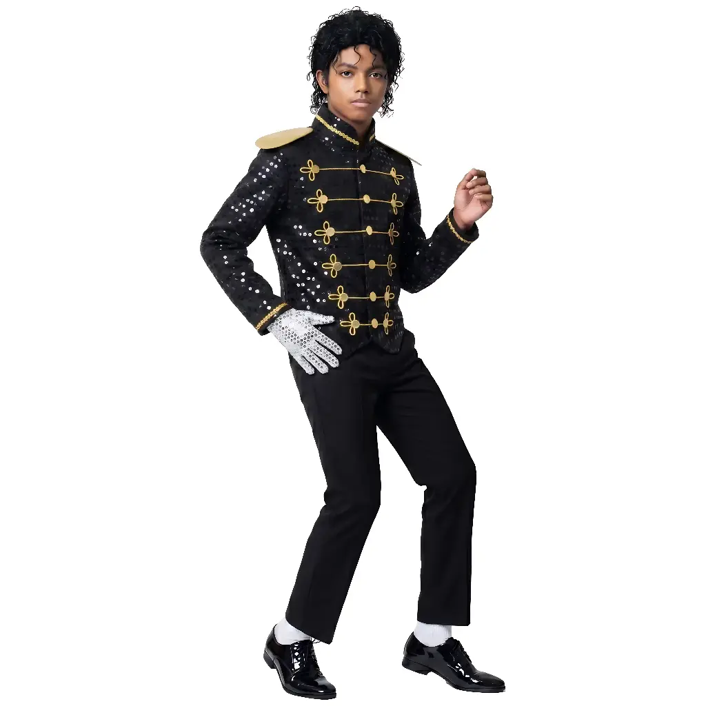 Kid’s Michael Jackson Cosplay 3-Piece Set: Halloween Kids’ Performance Outfits – “King of Dance” Michael Jackson Cosplay Set, Tap Dance MJ Stage Performance Costumes