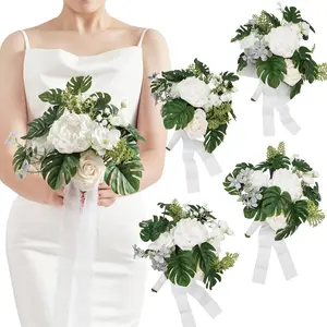 TINGE TIME 7 Inch Artificial Flowers Wedding Bouquets for Bridesmaid, Set of 4, White Bride Tossing Bouquet for Wedding Ceremony Festivals Bridal Shower Rehearsal Dinner Vintage Party Decor Decorative Decor Decorative