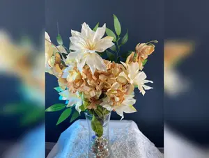 Taupe Hydrangea & Lily Centerpiece, Neutral Faux Flower Arrangement