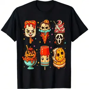Kids Horror Movie Summer Popsicle Halloween Ice Cream T-Shirt - Black Casual Round Neck Tee for Boys & Girls, Durable All-Season Apparel, Perfect Gift for Kids, Kids Halloween Apparel | Playful Graphic Tee | Durable Fabric