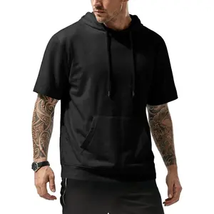 Mens Short Sleeve Hoodie Cotton Hooded T-shirts Lightweight Solid Sweatshirts with Pocket